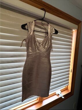Herve Leger Metallic Taupe Ruched Bandage Mini Dress